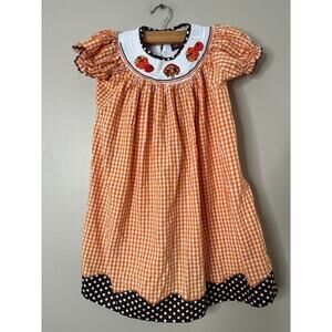 Lil Cactus Smocked Dress Girls 5Y Turkey Pumpkin Thanksgiving Gingham Smocked